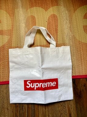 Supreme White Tote with Red Logo Supreme Small Reusable Shopping Bag 14x12